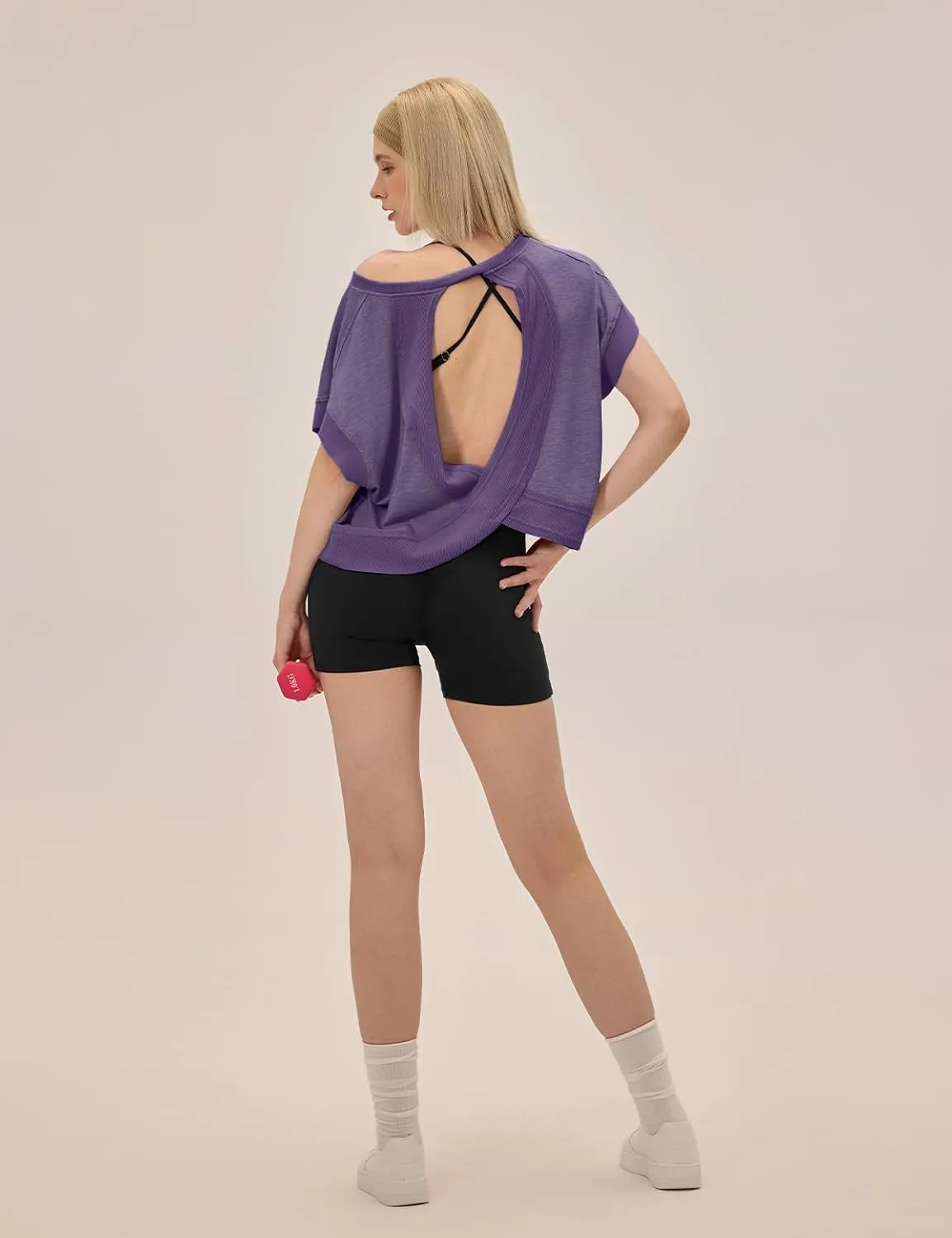 Open Back Workout Tops for Women Loose Fit Athletic Crop Tee Short Sleeve Gym Running Yoga Shirt
