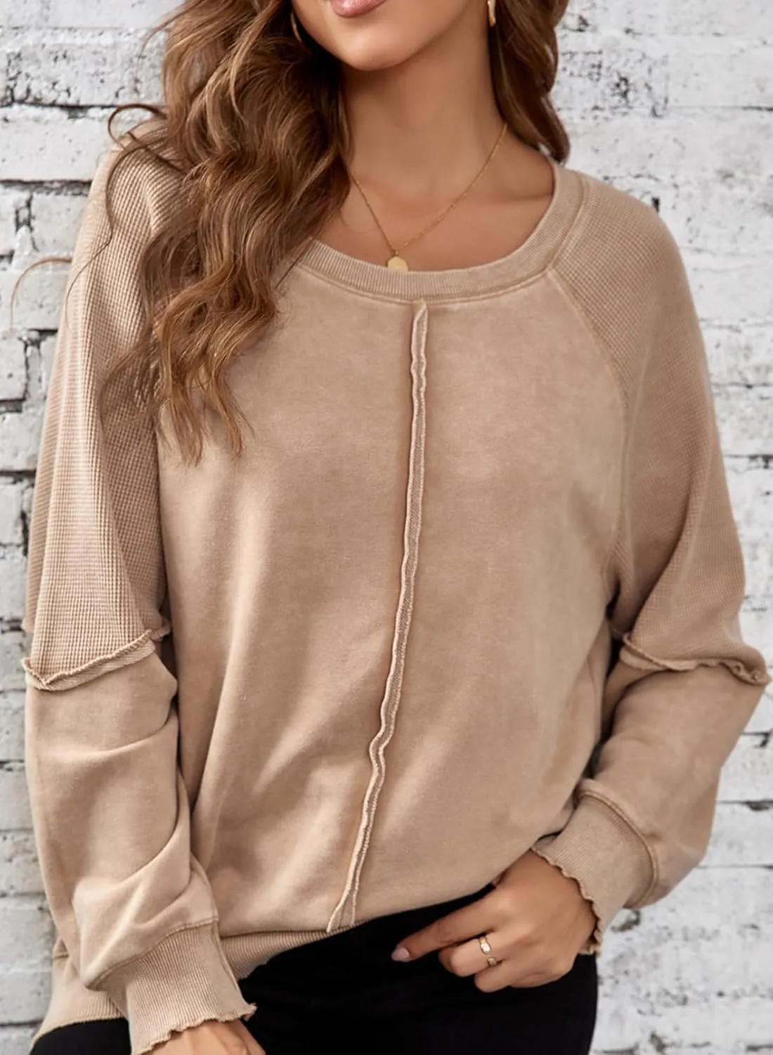 SHEWIN Womens Fashion Waffle Knit Sweatshirt Casual Crewneck Long Sleeve Reverse Seam Oversized Pullover Sweatshirts