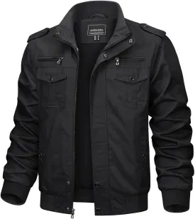 TACVASEN Men's Military Lightweight Jacket Army Cargo Windbreaker Zip Front Stand Collar Cotton Jackets with Multi Pockets