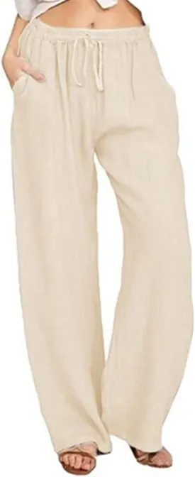 utcoco Women's Cotton Linen Drawstring High Waisted Pants Casual Loose Fit Wide Leg Trousers