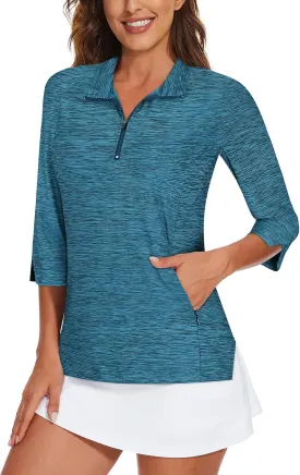 Viracy Women's Golf Shirts 3/4 Sleeve Sun Protection Quarter Zip with Zipper Pockets Athletic Polo Workout Tops S-2XL