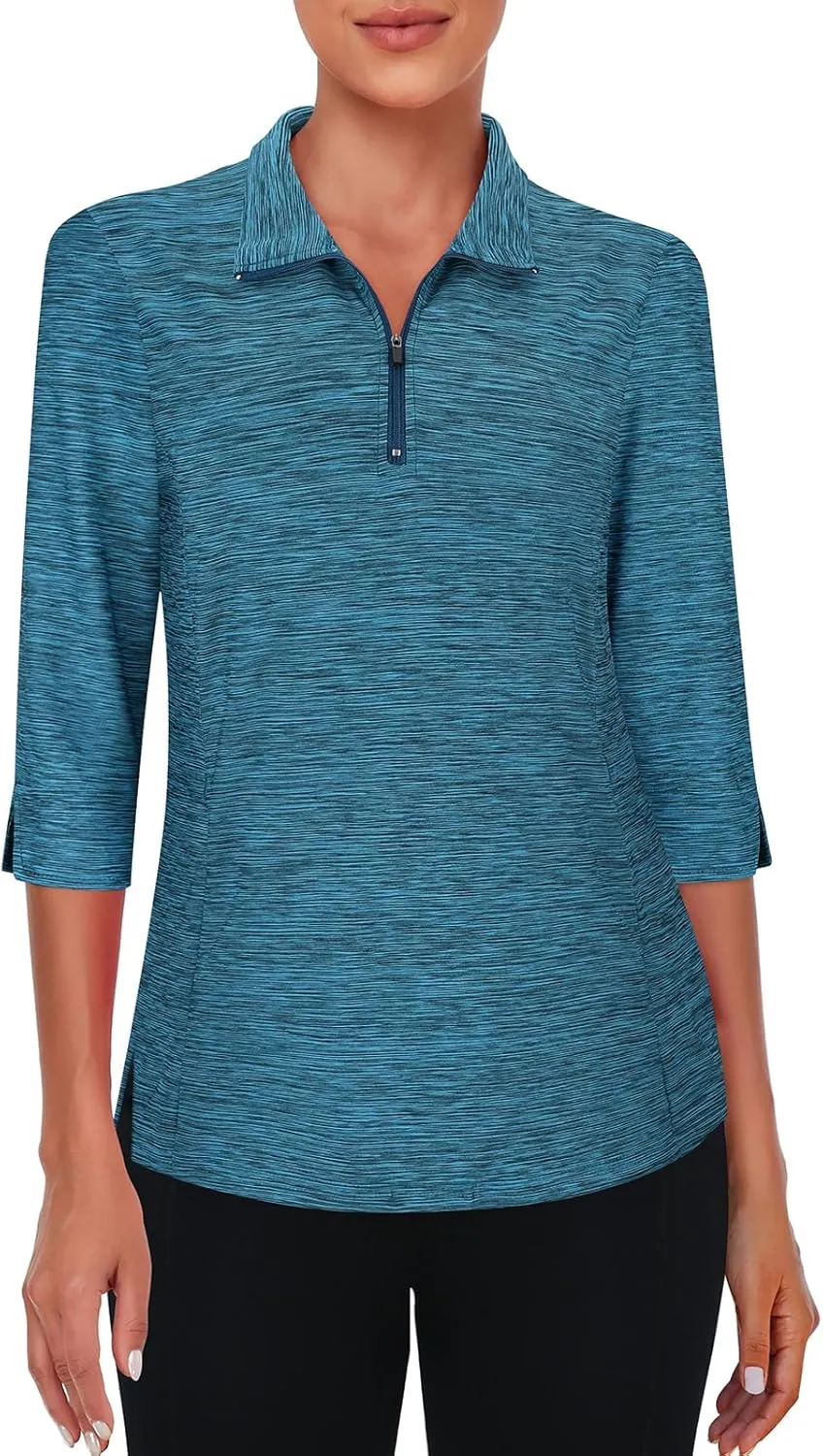 Viracy Women's Golf Shirts 3/4 Sleeve Sun Protection Quarter Zip with Zipper Pockets Athletic Polo Workout Tops S-2XL