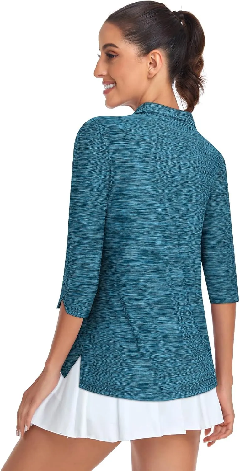 Viracy Women's Golf Shirts 3/4 Sleeve Sun Protection Quarter Zip with Zipper Pockets Athletic Polo Workout Tops S-2XL
