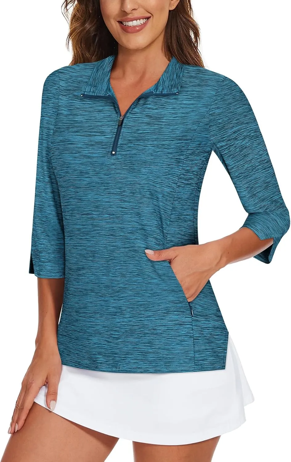 Viracy Women's Golf Shirts 3/4 Sleeve Sun Protection Quarter Zip with Zipper Pockets Athletic Polo Workout Tops S-2XL