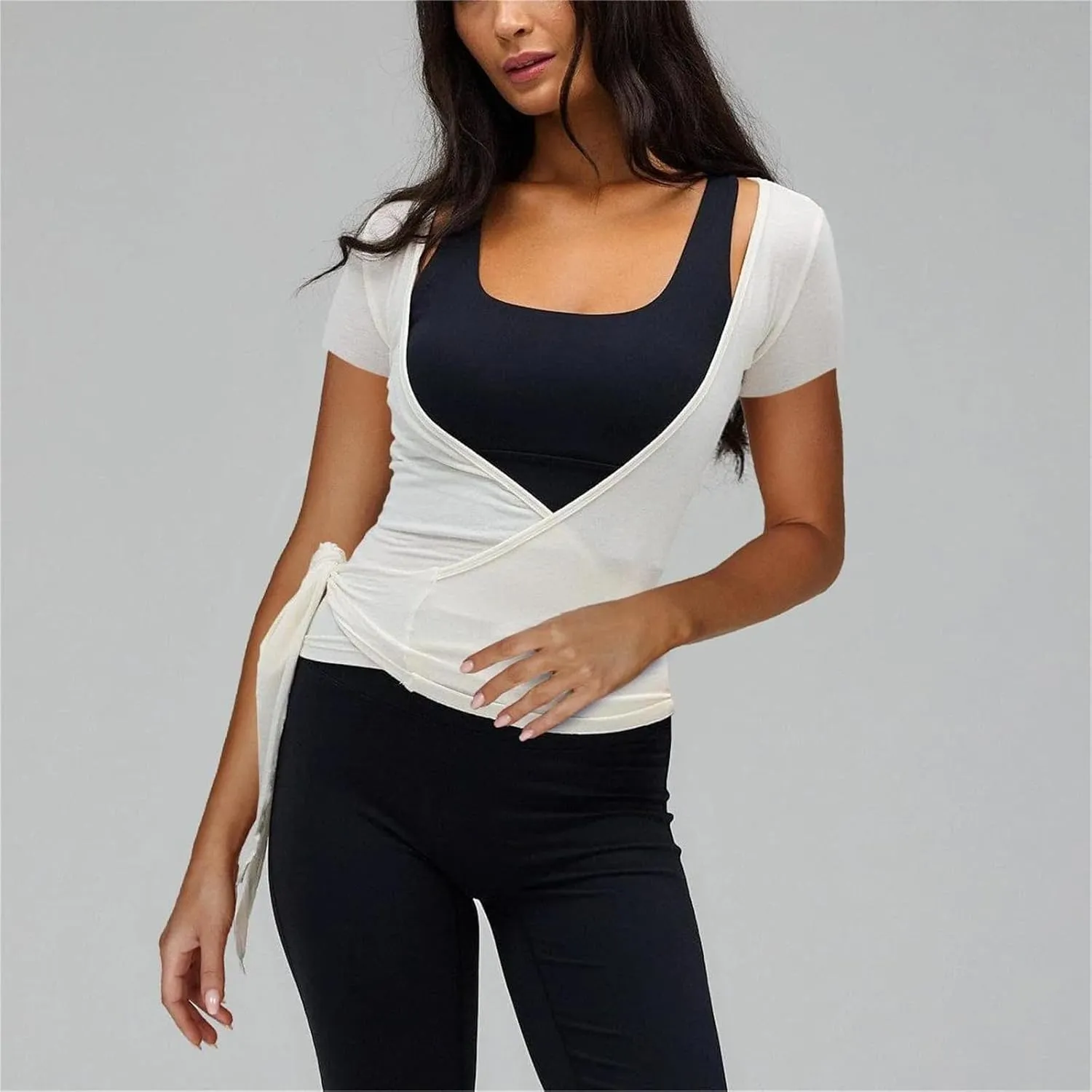 Women Short Sleeve Tie Wrap Top Y2K V Neck Cross Wrap Yoga Crop Top Slim Fit Tie Front Workout Ballet Shirt