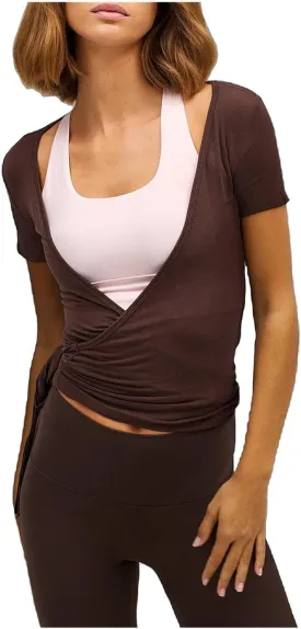 Women Short Sleeve Tie Wrap Top Y2K V Neck Cross Wrap Yoga Crop Top Slim Fit Tie Front Workout Ballet Shirt