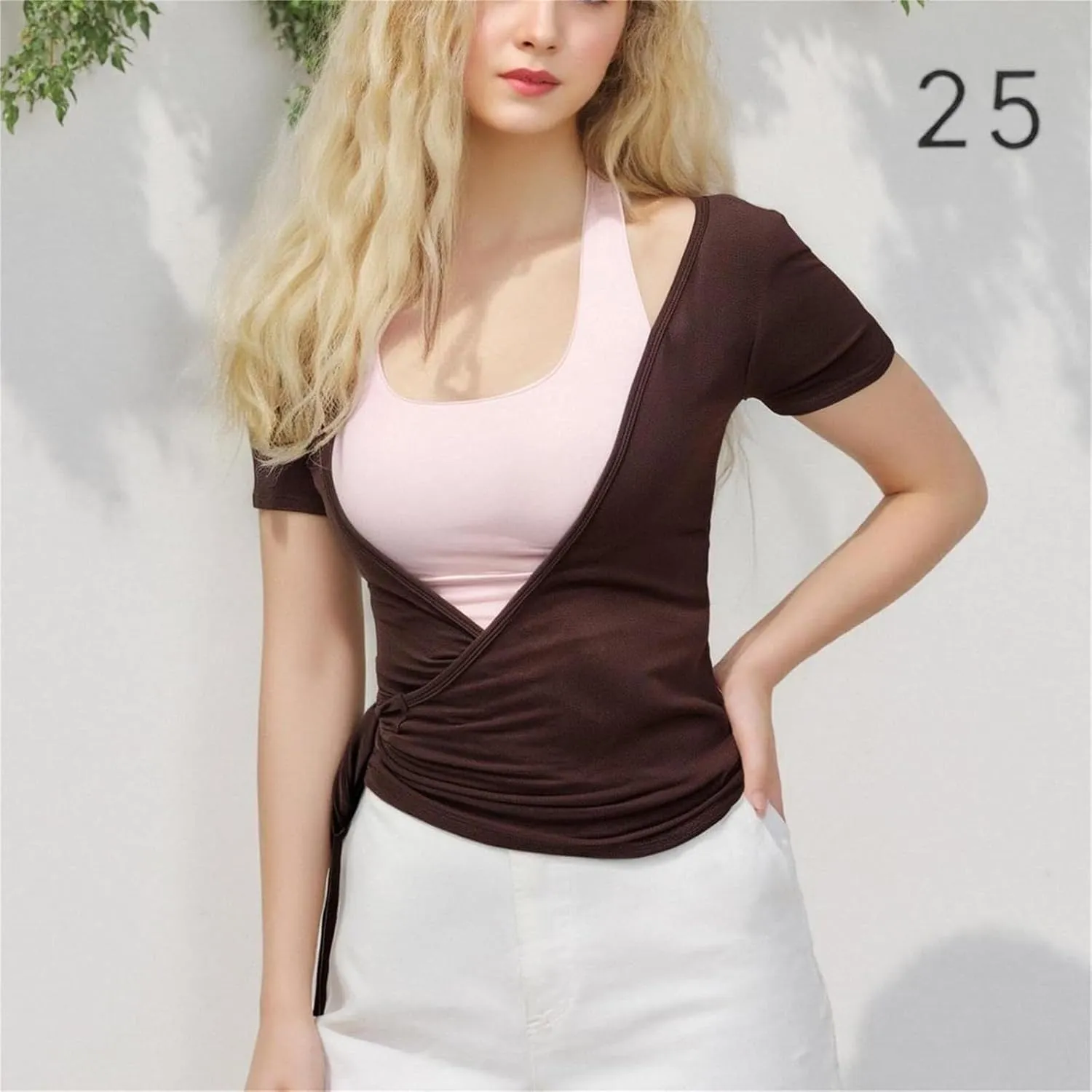 Women Short Sleeve Tie Wrap Top Y2K V Neck Cross Wrap Yoga Crop Top Slim Fit Tie Front Workout Ballet Shirt