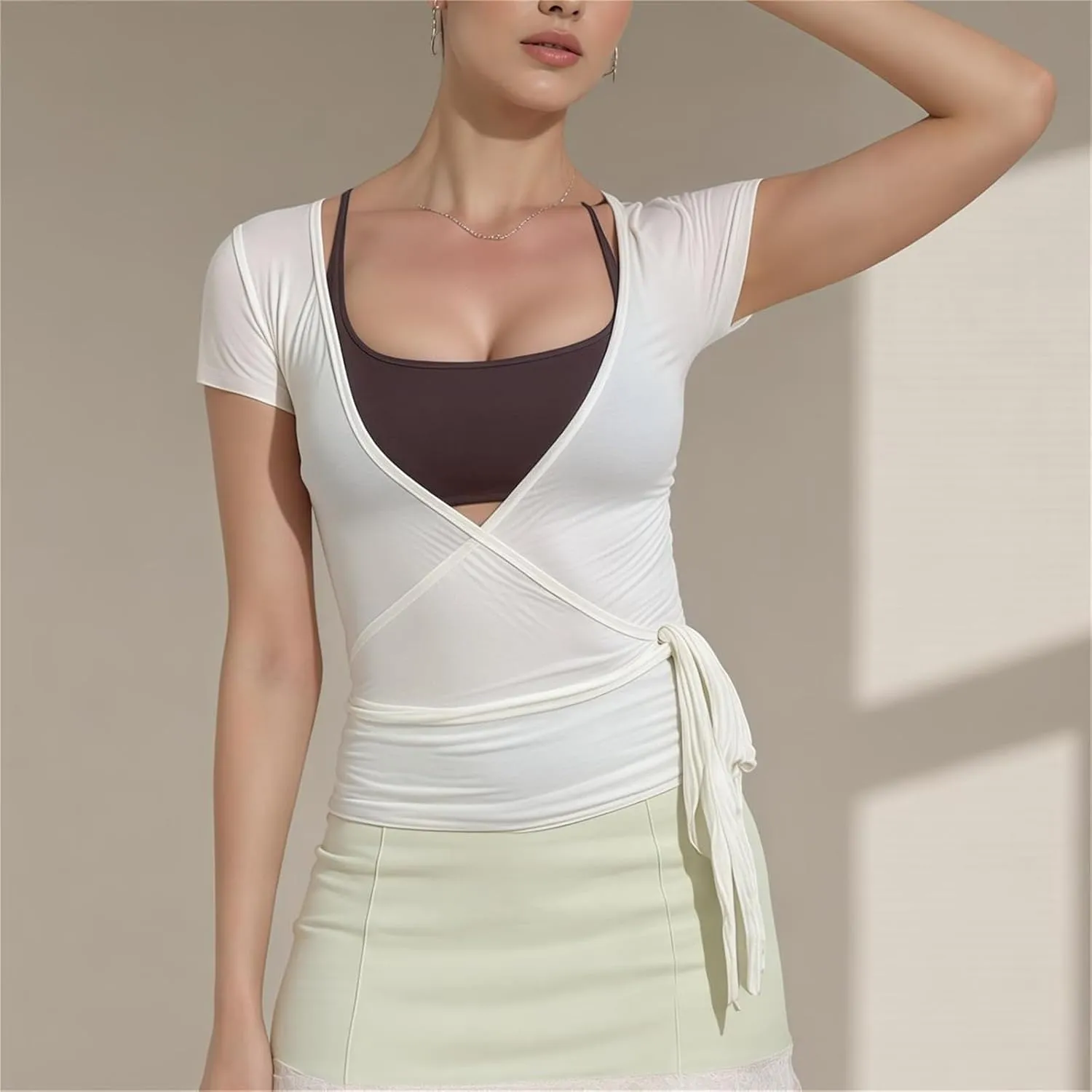 Women Short Sleeve Tie Wrap Top Y2K V Neck Cross Wrap Yoga Crop Top Slim Fit Tie Front Workout Ballet Shirt