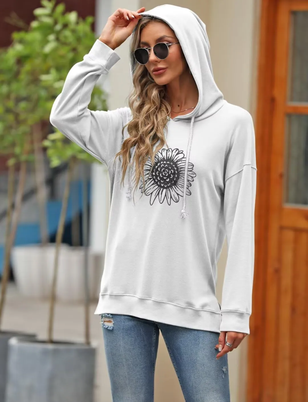 Women Sunflower Graphic Hoodies Long Sleeve Pullover Drawstring Sweatshirt Loose Fit Tunic Tops