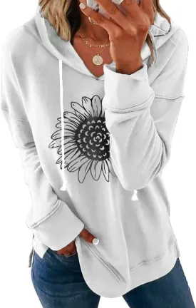 Women Sunflower Graphic Hoodies Long Sleeve Pullover Drawstring Sweatshirt Loose Fit Tunic Tops