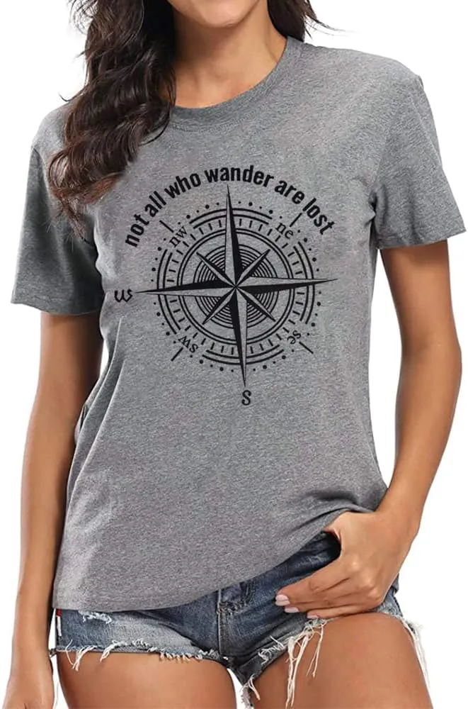 Womens Graphic T-Shirt Not All Who Wander are Lost Funny Tees for Women Summer Casual Tops Athletic Shirts