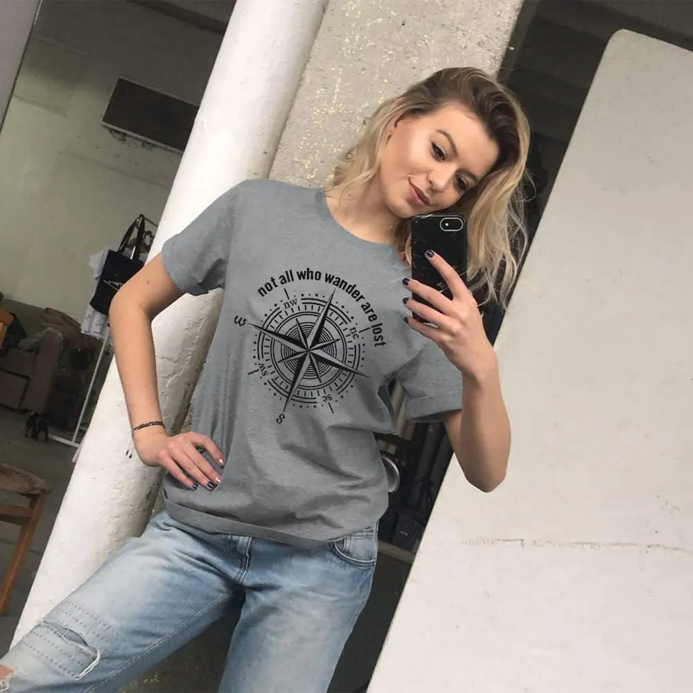 Womens Graphic T-Shirt Not All Who Wander are Lost Funny Tees for Women Summer Casual Tops Athletic Shirts