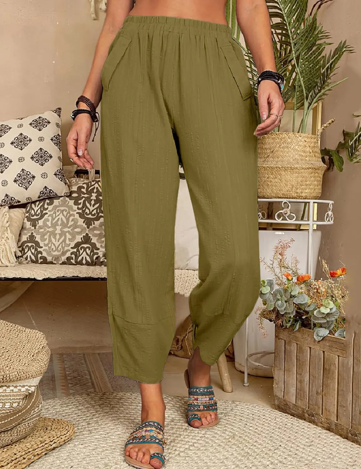 Womens Loose Casual Wide Leg Pants Loose Lightweight Comfy Elastic Waist Lantern Tapered Cropped Trousers with Pockets