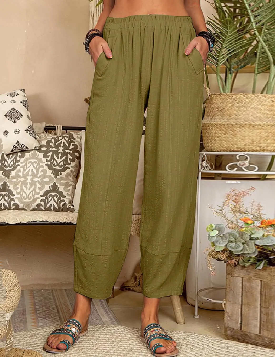 Womens Loose Casual Wide Leg Pants Loose Lightweight Comfy Elastic Waist Lantern Tapered Cropped Trousers with Pockets