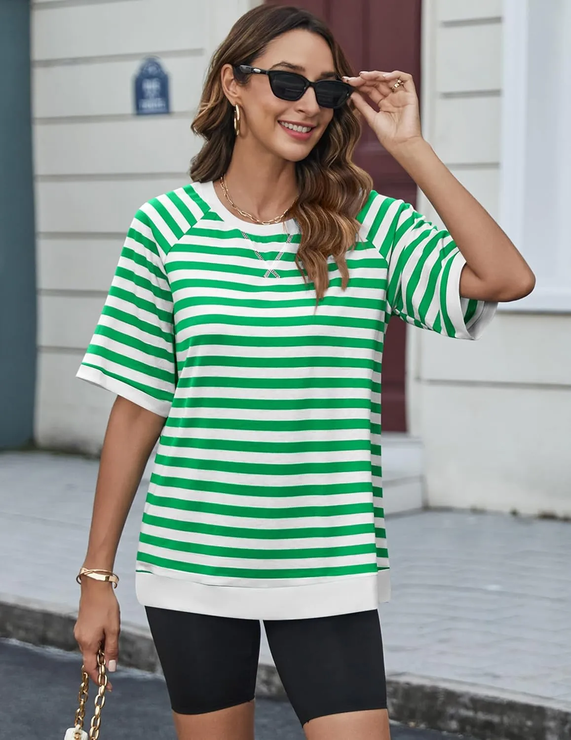 Zeagoo Women Striped T Shirts Oversized Crewneck Short Sleeve Tops Summer Casual Blouse Color Block Basic Tee S-XXL