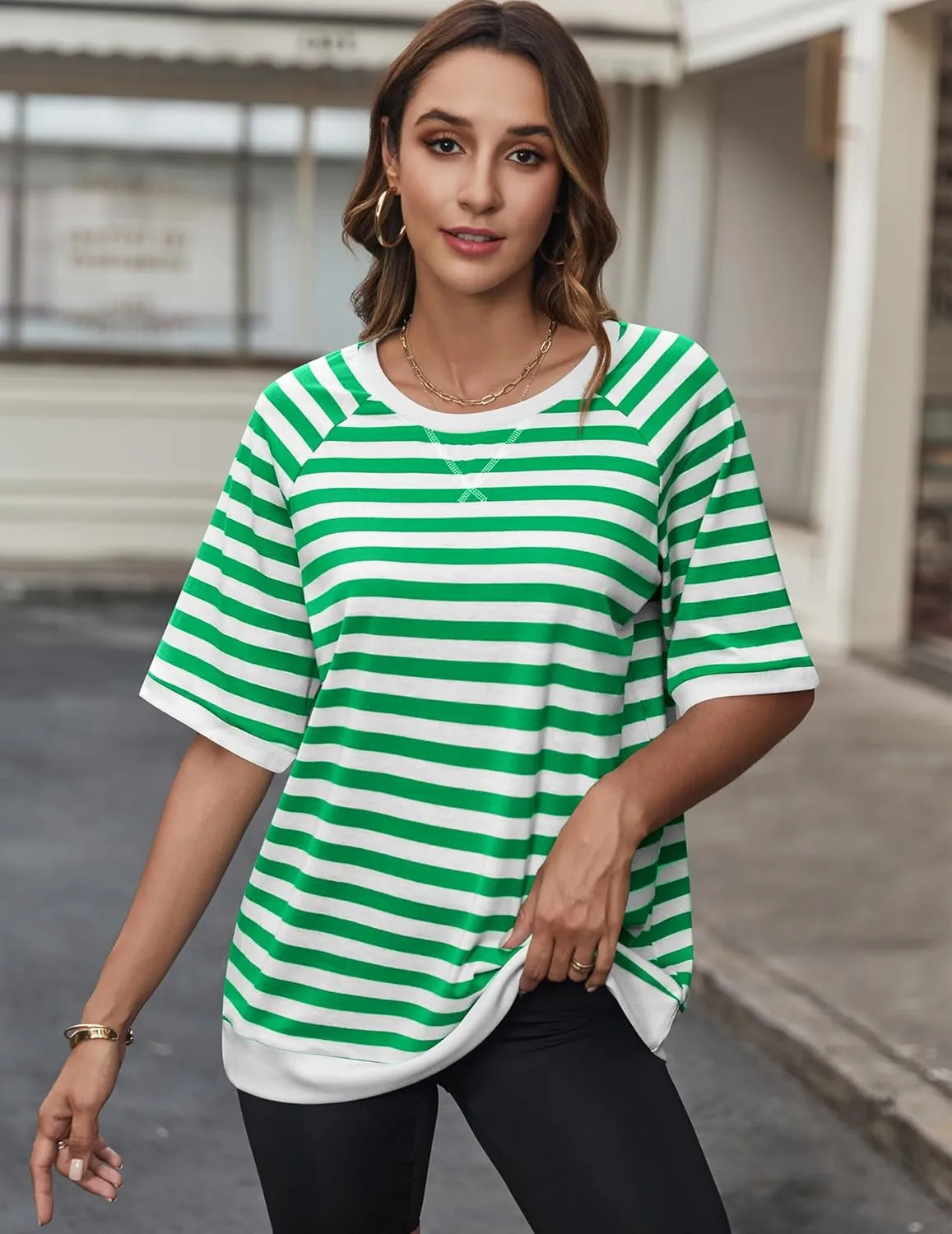 Zeagoo Women Striped T Shirts Oversized Crewneck Short Sleeve Tops Summer Casual Blouse Color Block Basic Tee S-XXL