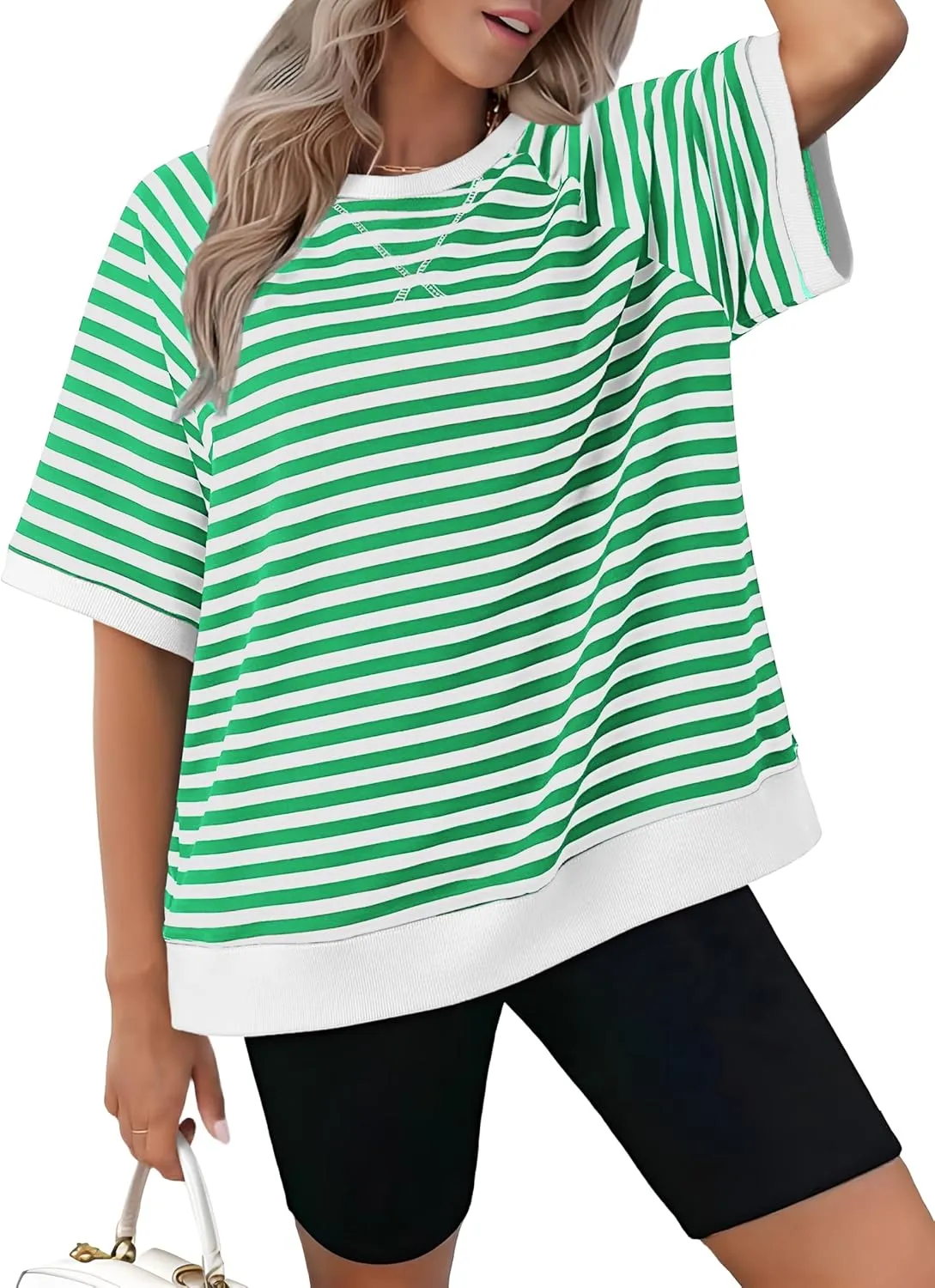 Zeagoo Women Striped T Shirts Oversized Crewneck Short Sleeve Tops Summer Casual Blouse Color Block Basic Tee S-XXL