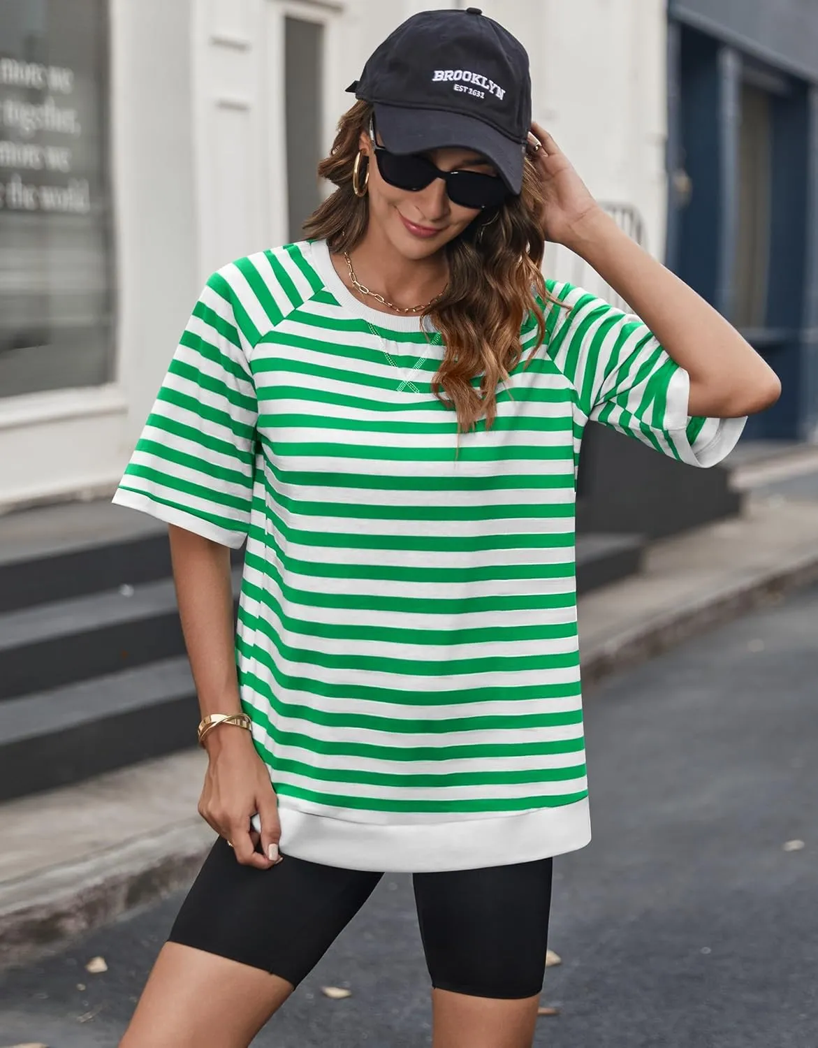 Zeagoo Women Striped T Shirts Oversized Crewneck Short Sleeve Tops Summer Casual Blouse Color Block Basic Tee S-XXL