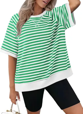 Zeagoo Women Striped T Shirts Oversized Crewneck Short Sleeve Tops Summer Casual Blouse Color Block Basic Tee S-XXL